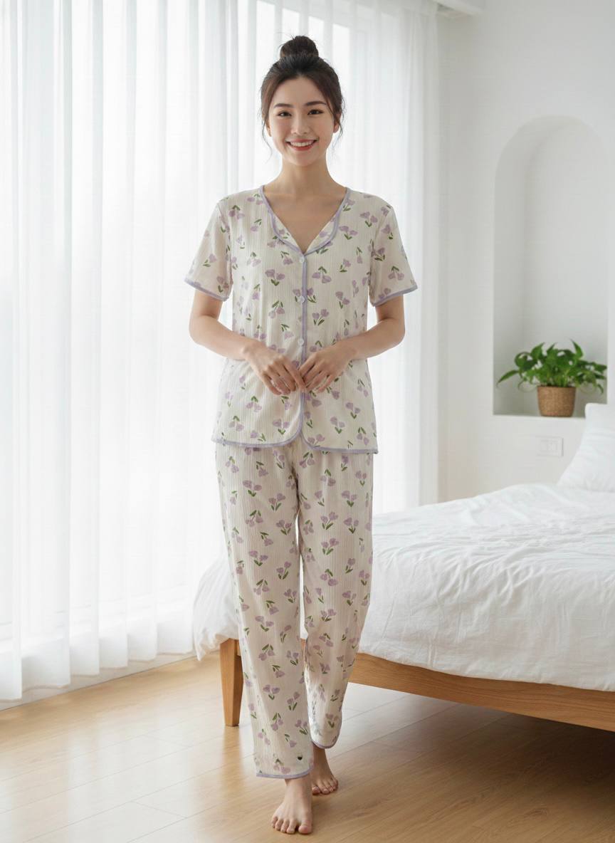 Beige Tulip Print Pajama Set – Soft Women's Sleepwear | بيجامة نسائية بطباعة زهور