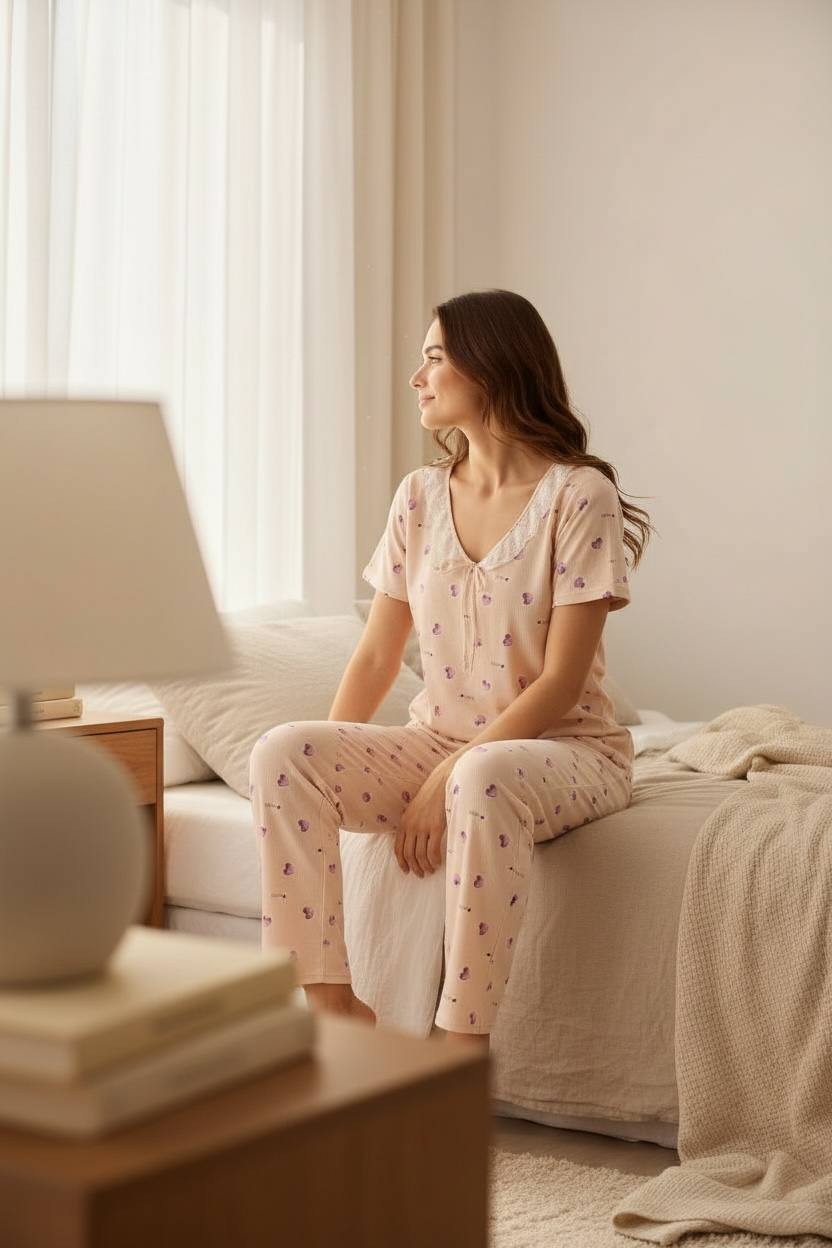 Cherry Blossom Pajama Set – Soft Cotton Sleepwear for Women