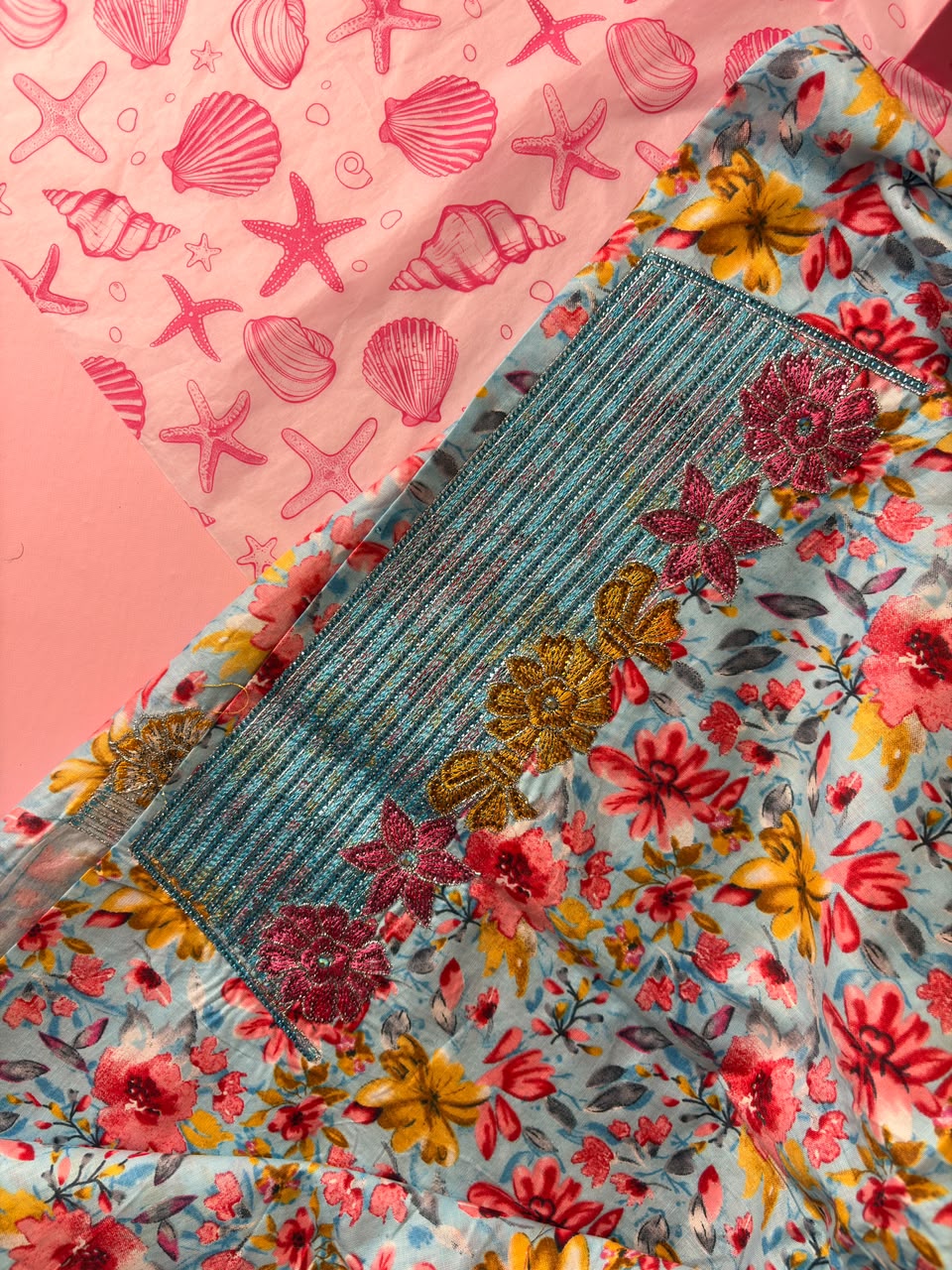 Sky Blue Floral Mukhawar – Premium Cotton