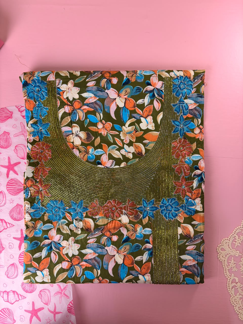 Olive Floral Mukhawar – Premium Cotton