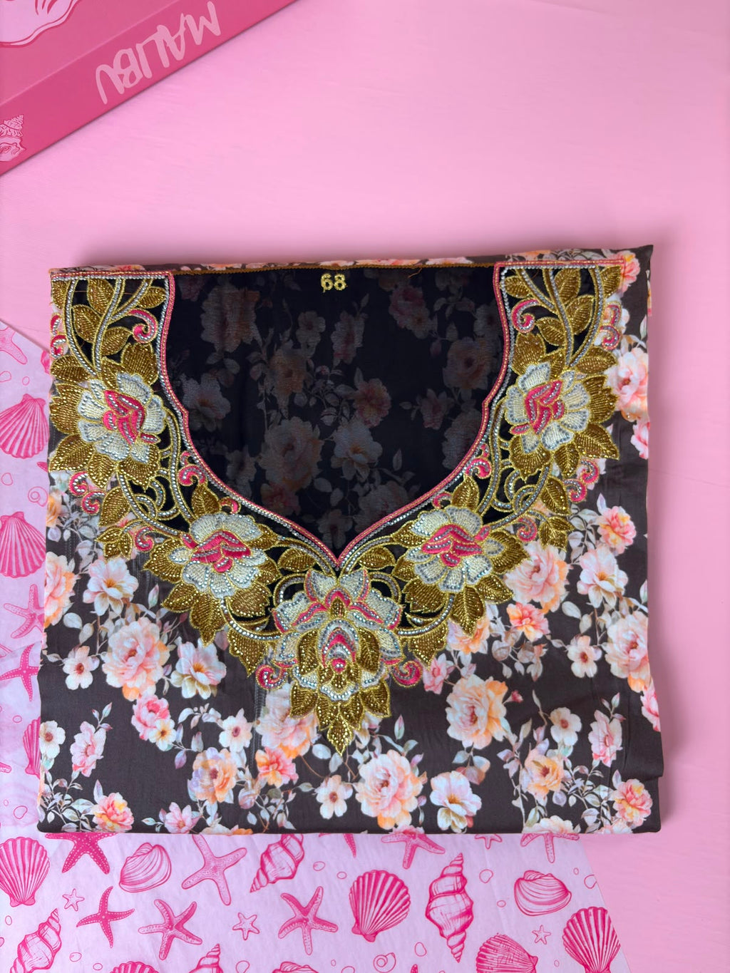 Dark Floral Mukhawar – Gold Rose Embroidery