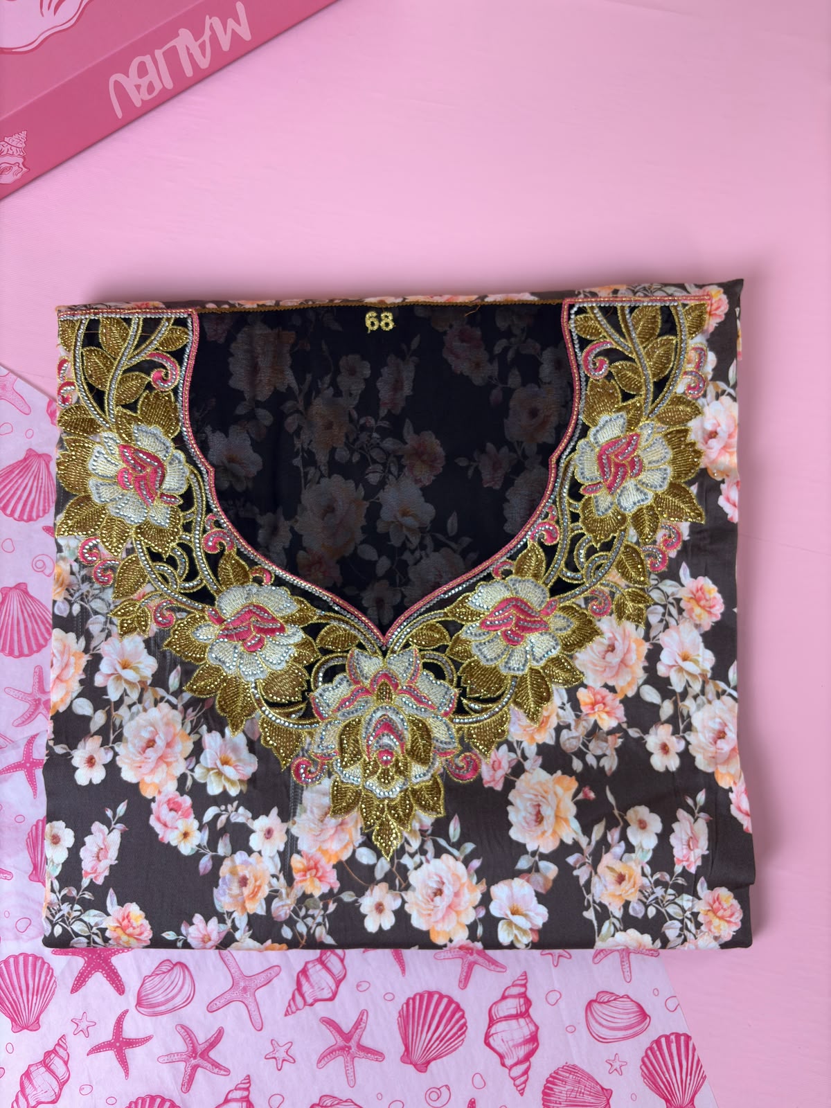 Dark Floral Mukhawar – Gold Rose Embroidery