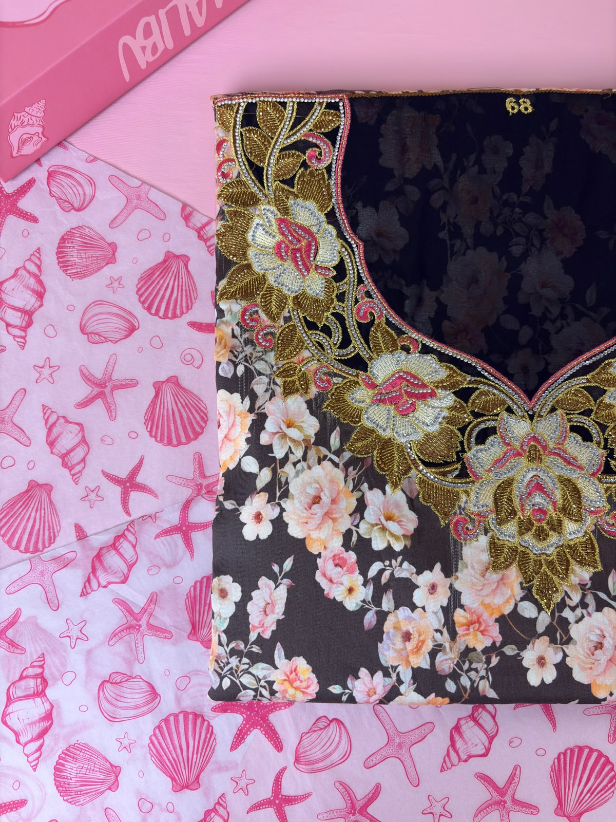 Dark Floral Mukhawar – Gold Rose Embroidery
