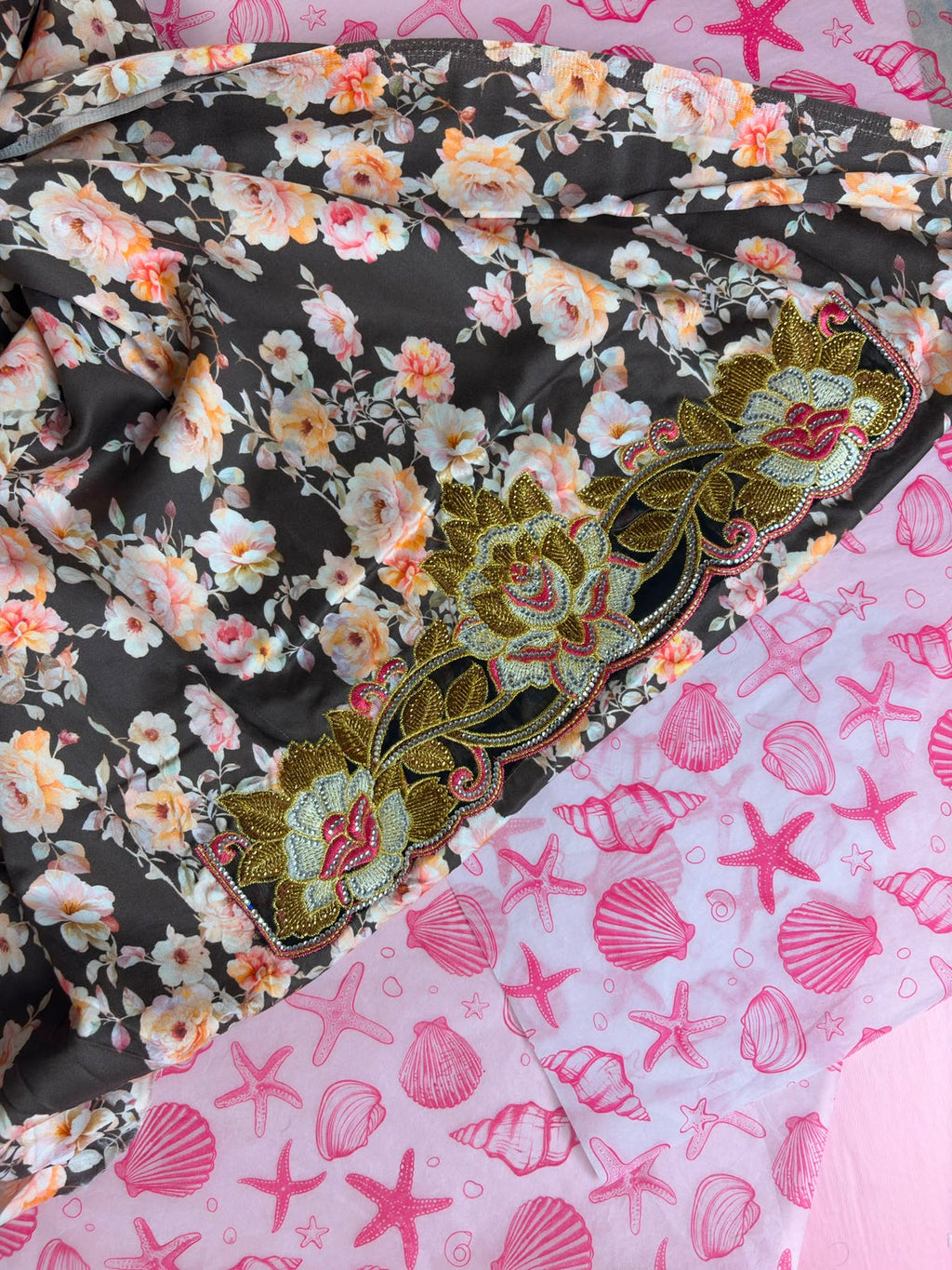 Dark Floral Mukhawar – Gold Rose Embroidery