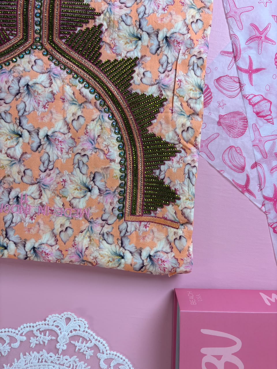 Peach Hibiscus Beaded Mukhawar