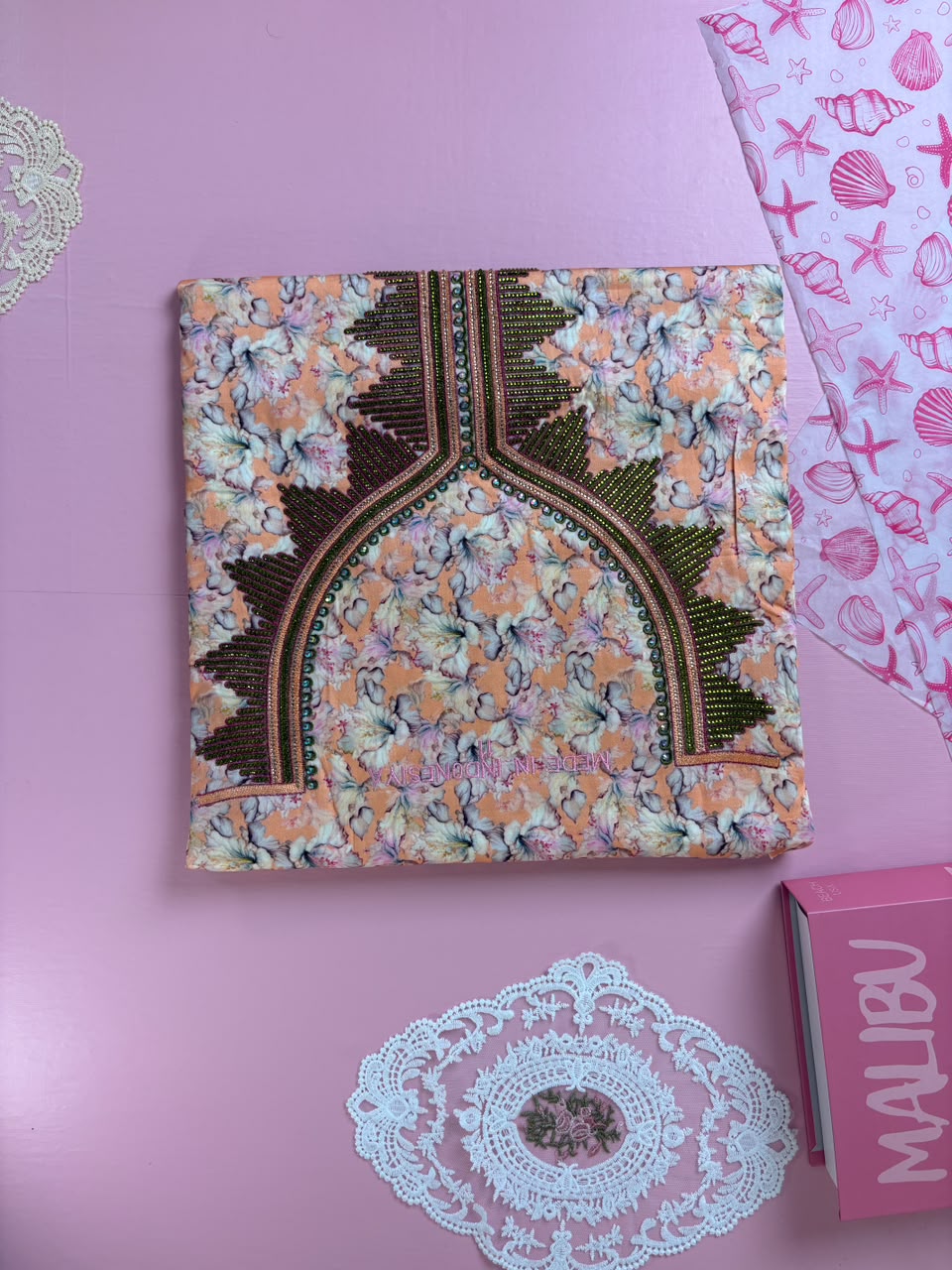 Peach Hibiscus Beaded Mukhawar