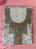 مخوار ساتان جابان أزرق زهري مطرز فاخر - 4 متر | Mukhawar Blue Floral Japan Satin Embroidered