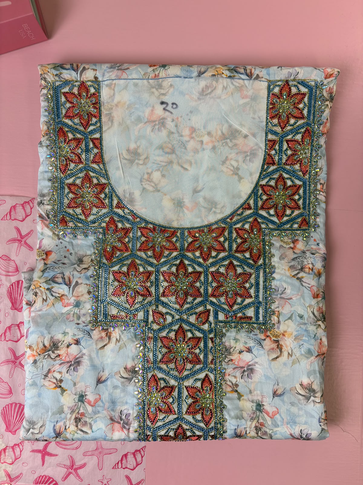 مخوار ساتان جابان أزرق زهري مطرز فاخر - 4 متر | Mukhawar Blue Floral Japan Satin Embroidered