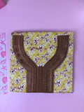 مخوار قطن فاخر أصفر ليموني بطبعة زهور بنية وتطريز Y بني ذهبي - 4 متر | Yellow Floral Brown Gold Y-Neck Embroidered Cotton Mukhawar