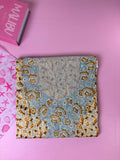 مخوار قطن فاخر بطبعة زهور كريمية وتطريز فيروزي ذهبي - 4 متر | Floral Teal Gold Embroidered Cotton Mukhawar