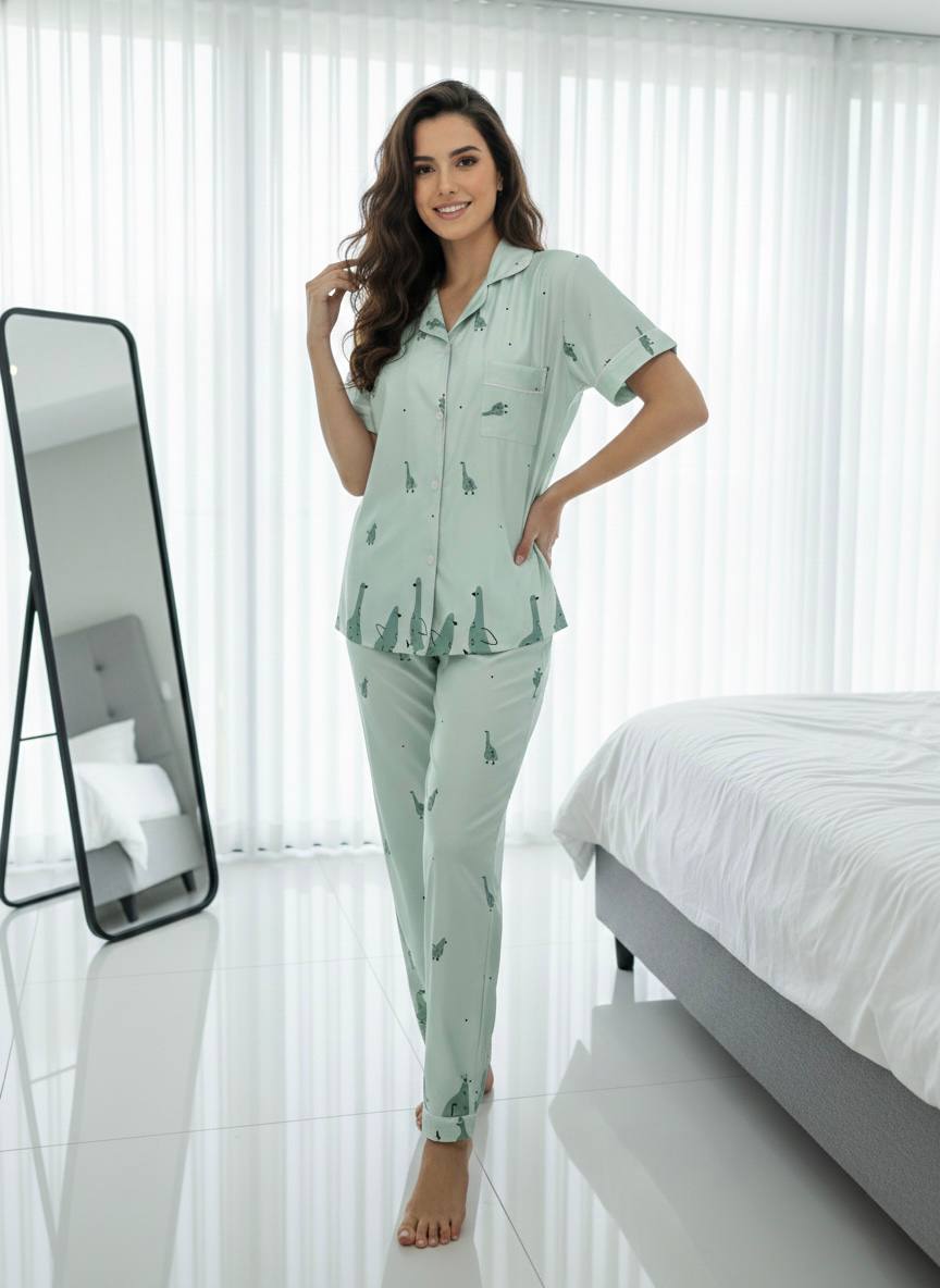 Women's Giraffe Print Pajama Set – Soft Cotton Sleepwear | بيجامة نسائية
