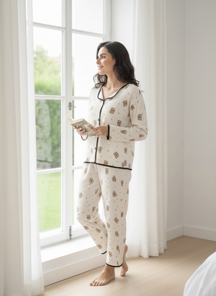 Women's Printed Pajama Set – Soft Cotton Sleepwear | بيجامة نسائية قطنية