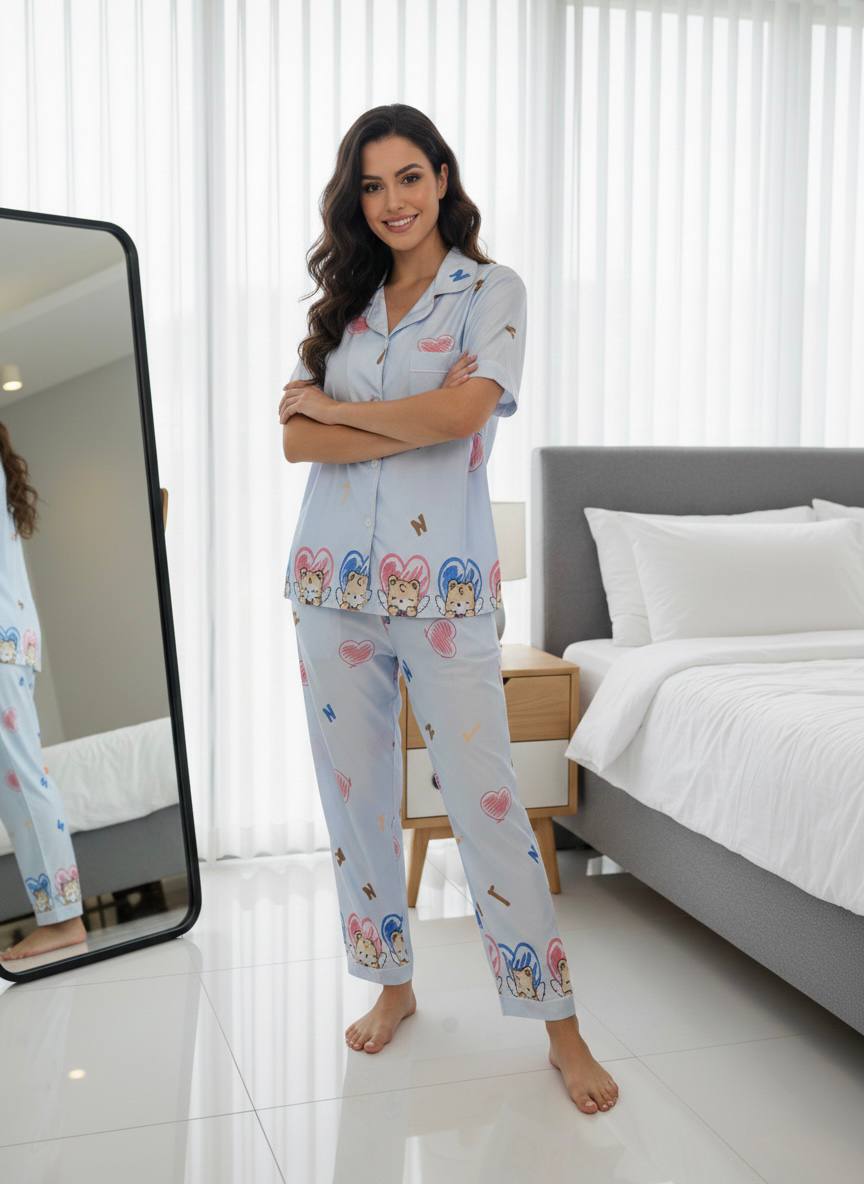 Blue Angel Bear Print Pajama Set – Soft Women's Sleepwear | بيجامة نسائية طباعة دب