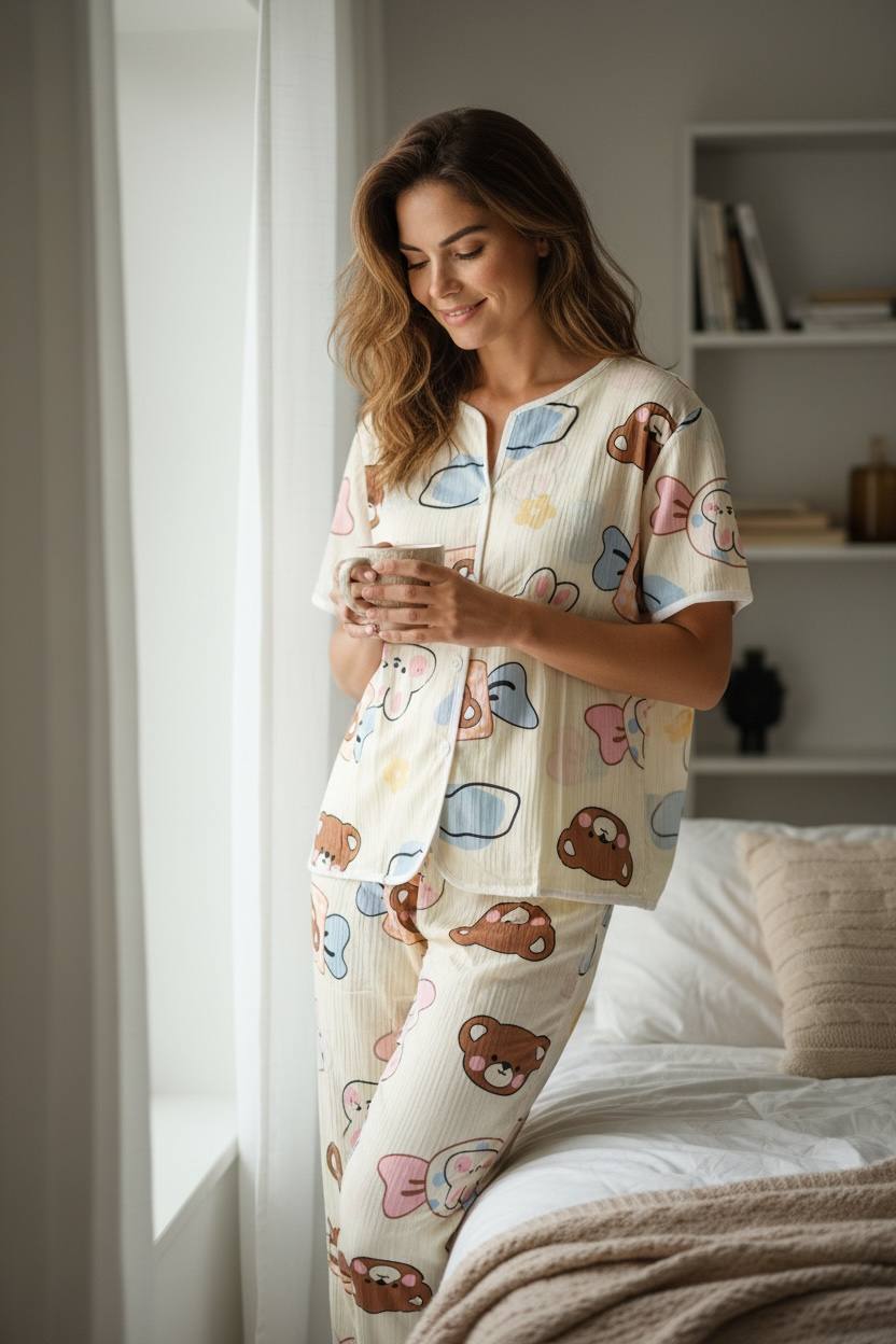 Women's Cartoon Bear Print Pajama Set – Short Sleeve Sleepwear | بيجامة نسائية بطبعة الدب