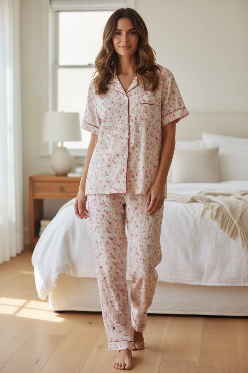 Women's Floral Pink Pajama Set – Short Sleeve Sleepwear | بيجامة نسائية وردية بطبعة الزهور