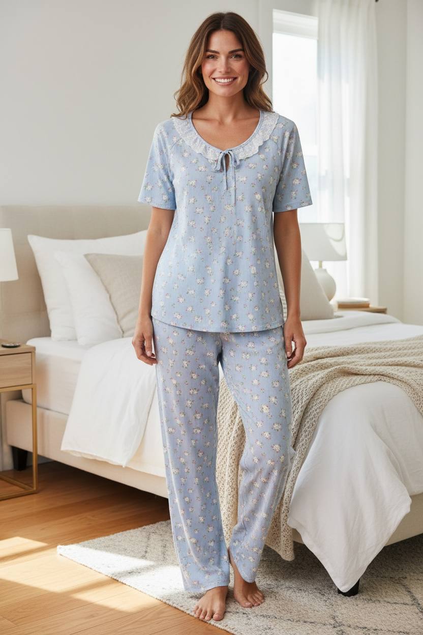 Blue Floral Pajama Set – Short & Long Pants | Women's Sleepwear