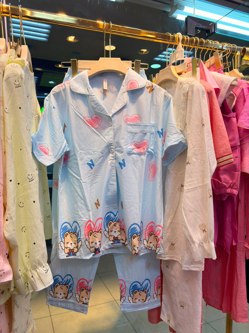 Blue Angel Bear Print Pajama Set – Soft Women's Sleepwear | بيجامة نسائية طباعة دب