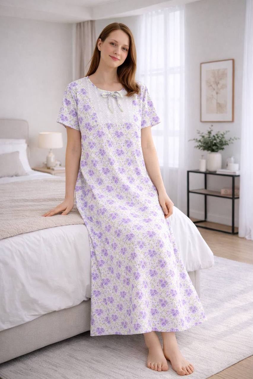 Women's Purple Floral Maxi Nightgown – Soft Cotton Sleepwear