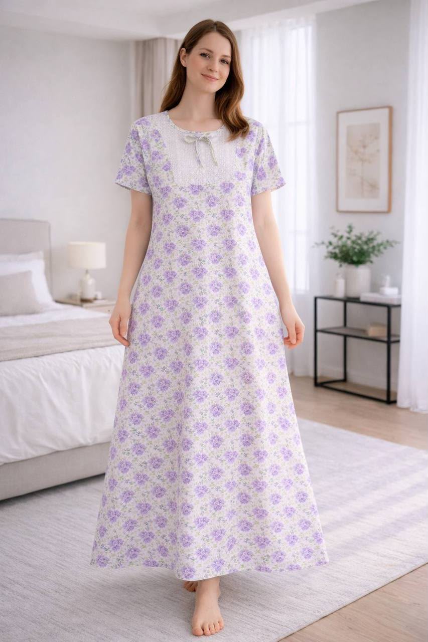 Women's Purple Floral Maxi Nightgown – Soft Cotton Sleepwear