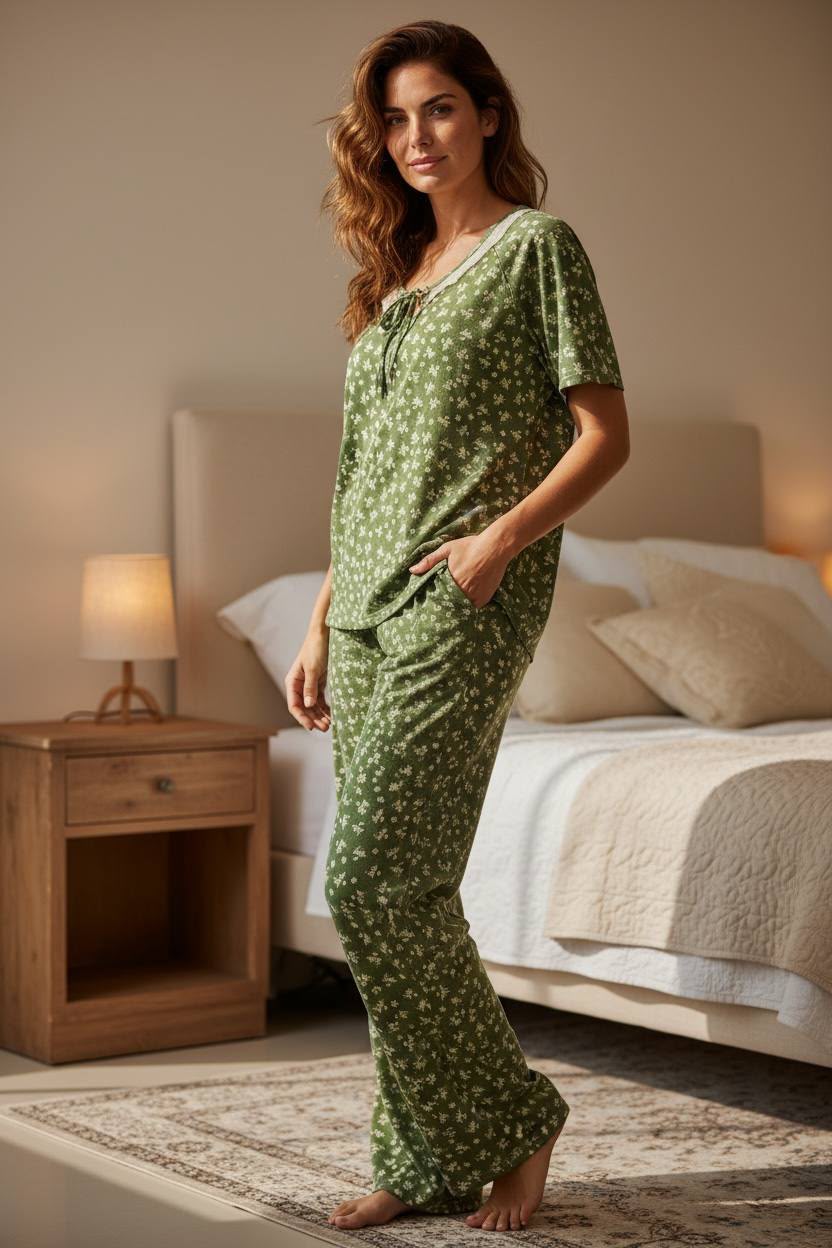 Green Floral Lace Trim Pajama Set – Women's Soft Sleepwear