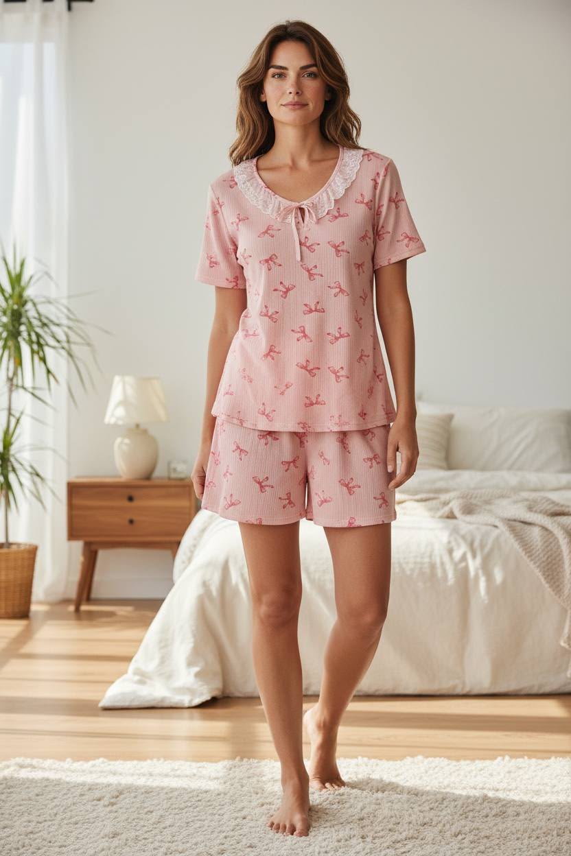 Pink Bow Print Lace Collar Pajama Set – Women's Soft Sleepwear