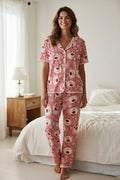 Pink Teddy Bear Print Button-Up Pajama Set – Women's Soft Sleepwear