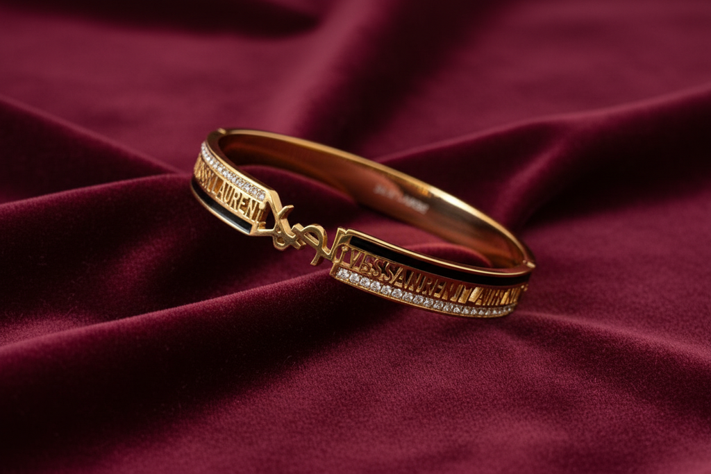 Gold Diamond Bangle Bracelet with YSL Charm | إسوارة ذهبية بالماس