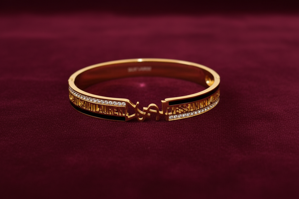 Gold Diamond Bangle Bracelet with YSL Charm | إسوارة ذهبية بالماس