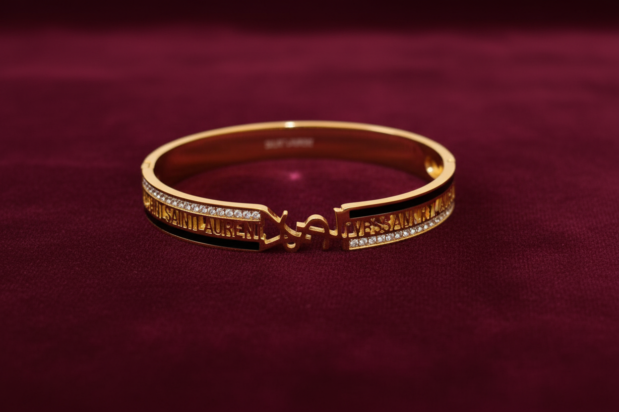 Gold Diamond Bangle Bracelet with YSL Charm | إسوارة ذهبية بالماس