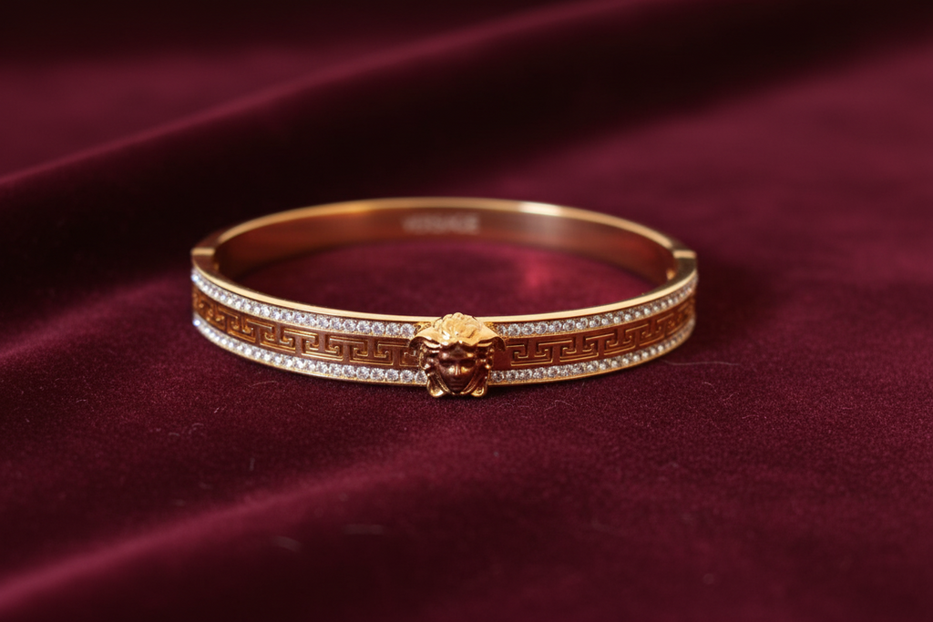 Gold Greek Key Bangle Bracelet with Medusa Charm | إسوارة ذهبية فاخرة