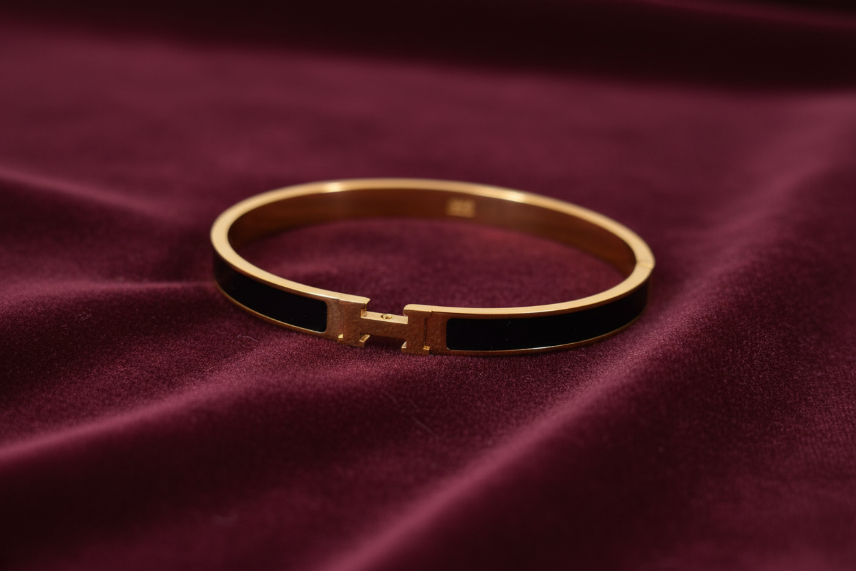 Gold H Bangle Bracelet with Black Enamel | إسوارة ذهبية بمشبك H أنيق